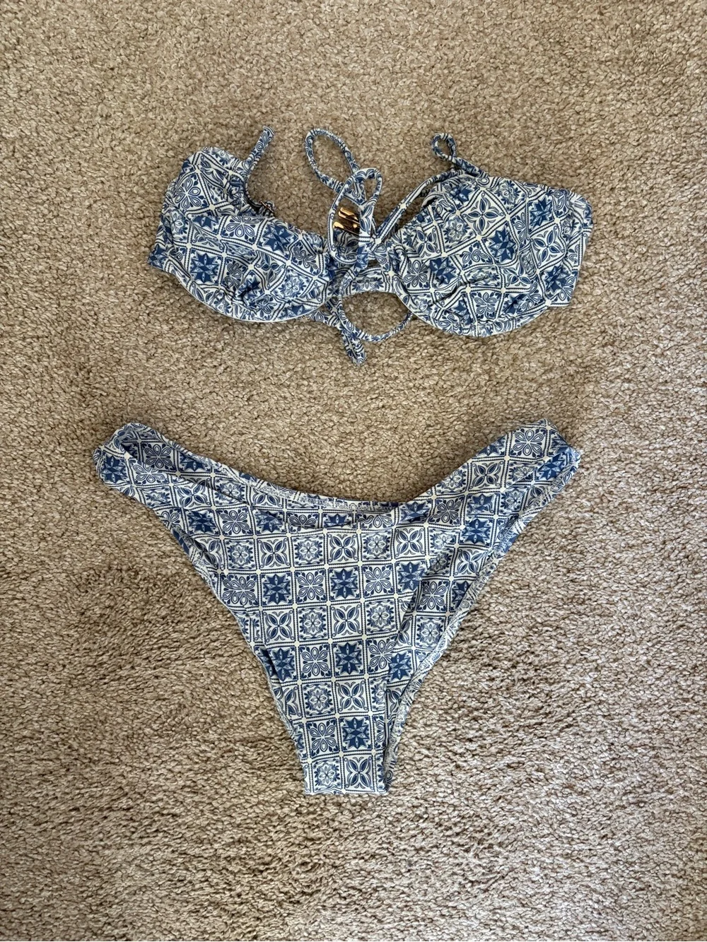 Tile-Print Tie-Front Bikini Set in Light Blue - Women Swim
